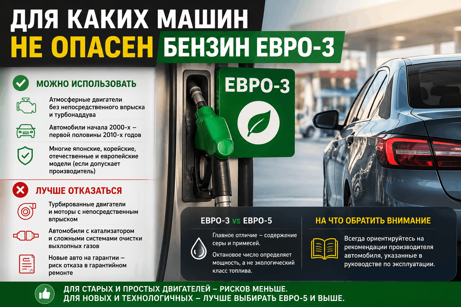 После того как в России временно разрешили выпуск бензина экологического класса Евро-3, у многих автомобилистов возник вопрос: можно ли заправлять им современный автомобиль или такое топливо подходит только более старым машинам?